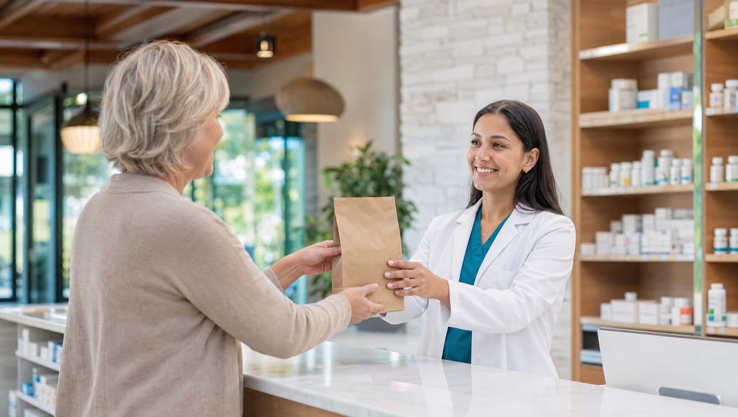 A pharmacist handing a prescription to a patient at St. George Pharmacy